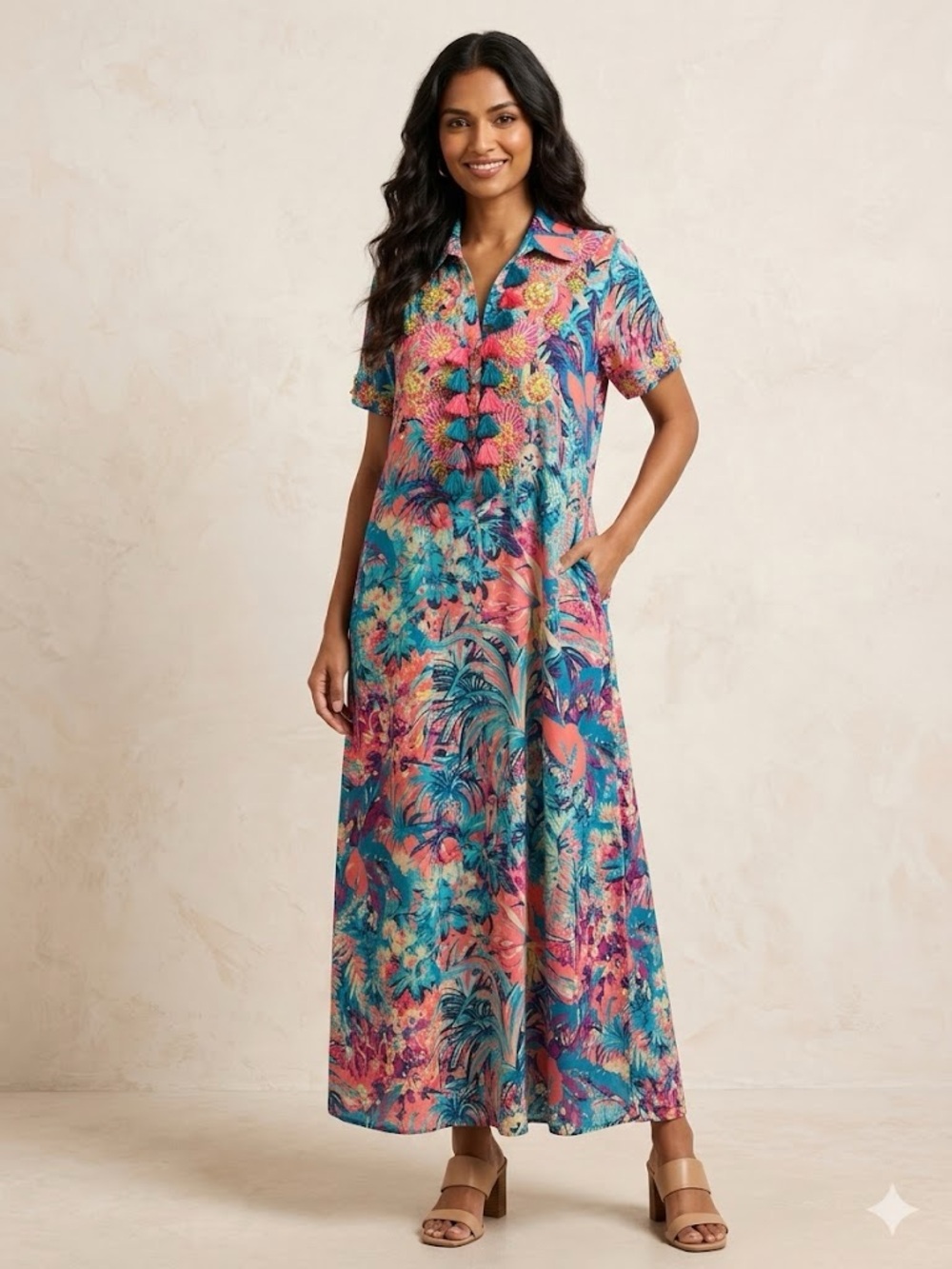 Soft Surroundings Embroidered beaded Tropical Print MIDI dress